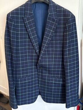 Topman Navy Windowpane Sport Coat with Light Blue Grid